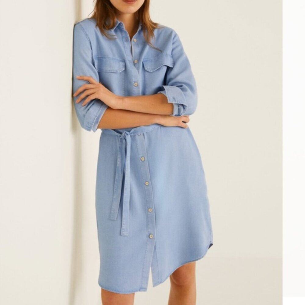 Mango MNG Light Blue Denim Chambray Shirt Dress Size M Casual Button Down